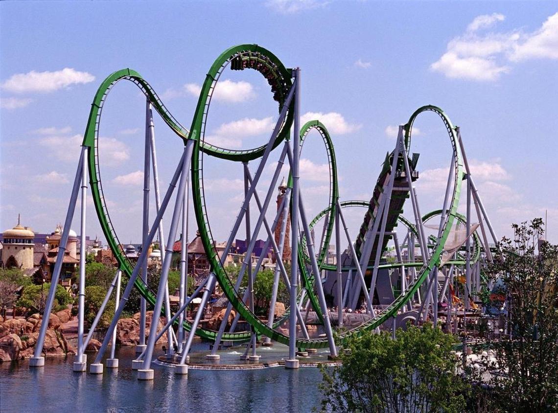The Incredible Hulk Coaster at Universal’s Islands of Adventure has seven inversions, including corkscrews, vertical loops and what the industry calls a double inversion cobra roll.