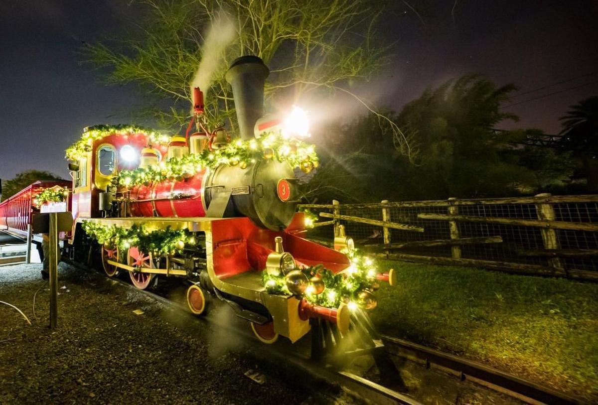 The Jingle Bell Express is at Christmas Town Village at Busch Gardens.