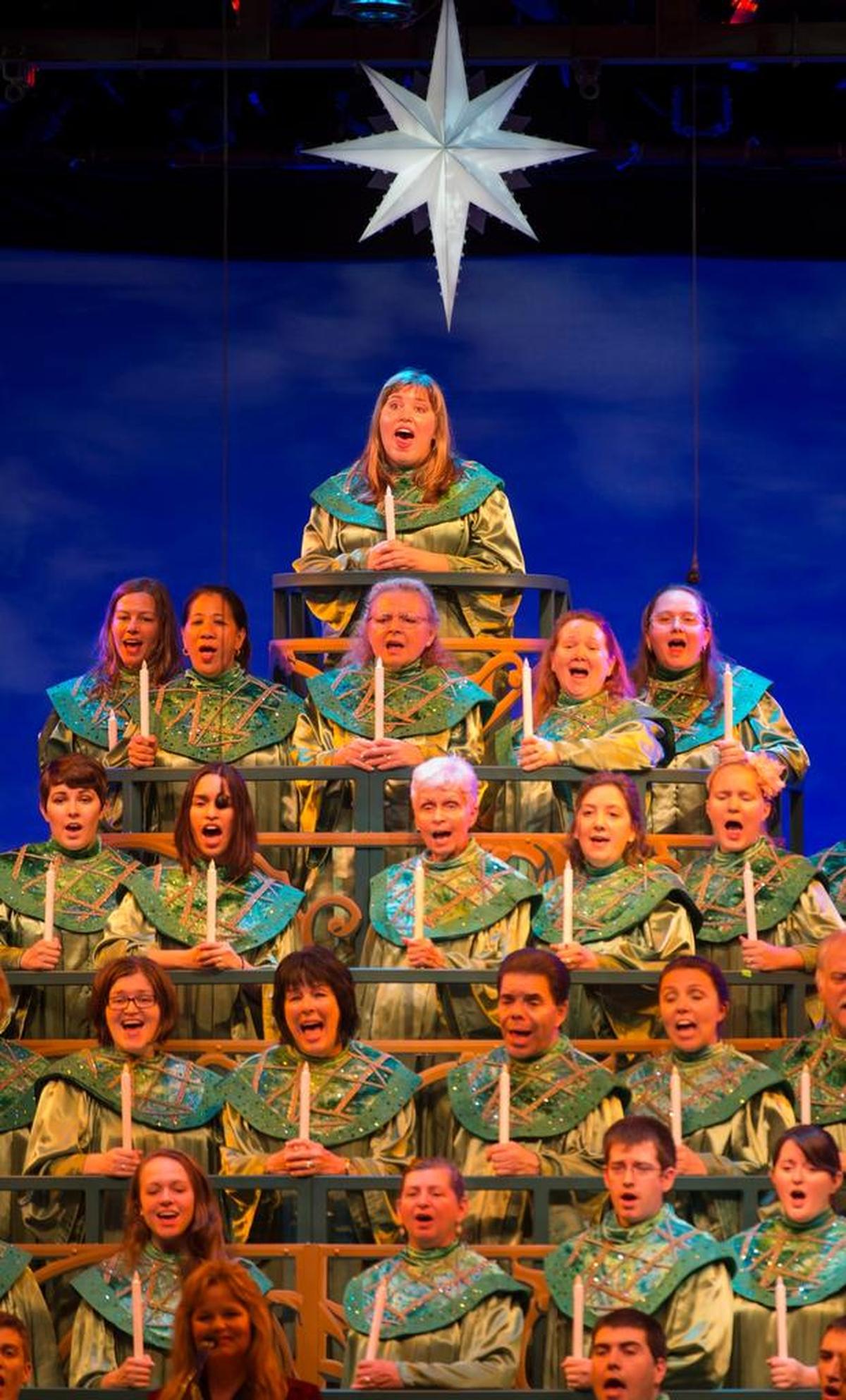 Candlelight Processional at Epcot features a retelling of the Christmas story by a celebrity narrator, accompanied by a 50-piece orchestra and choir.