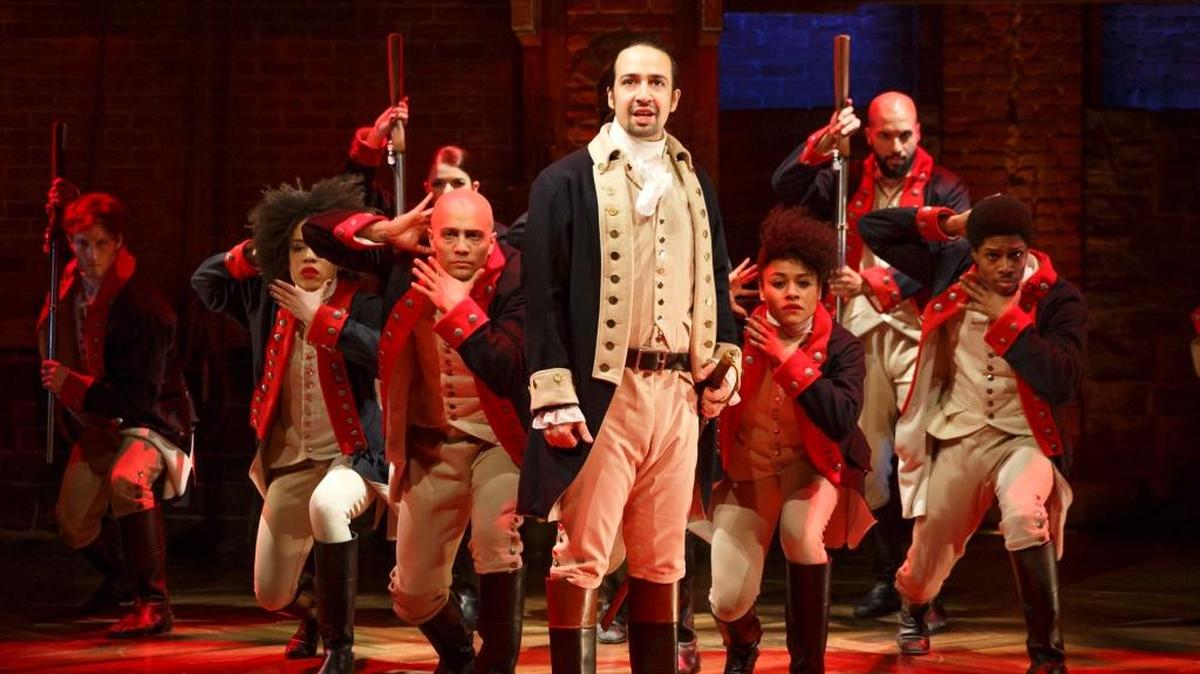 Lin-Manuel Miranda, foreground, with the cast during a performance of “Hamilton,” in New York.