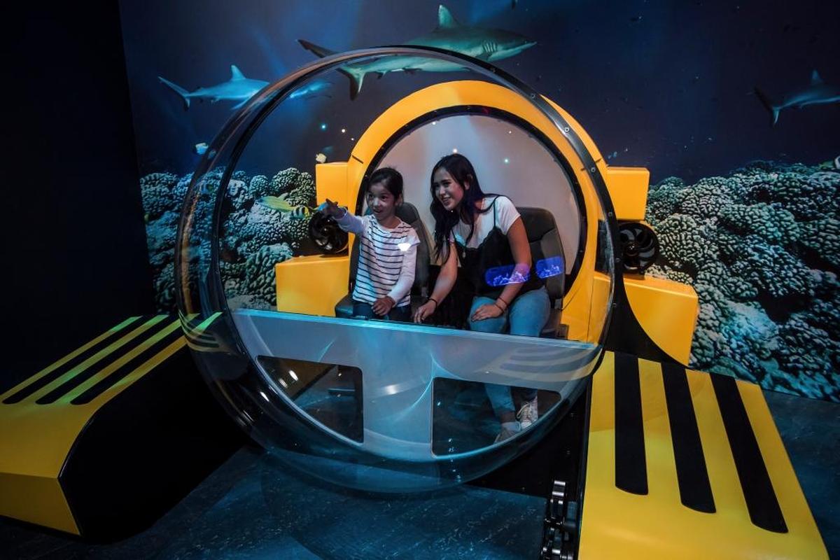 A photo provided by the American Museum of Natural History of a partial replica of a Triton submersible at the museum's latest exhibition, “Unseen Oceans." “Unseen Oceans” shines a light on the animals that call the ocean home and the humans who study them.