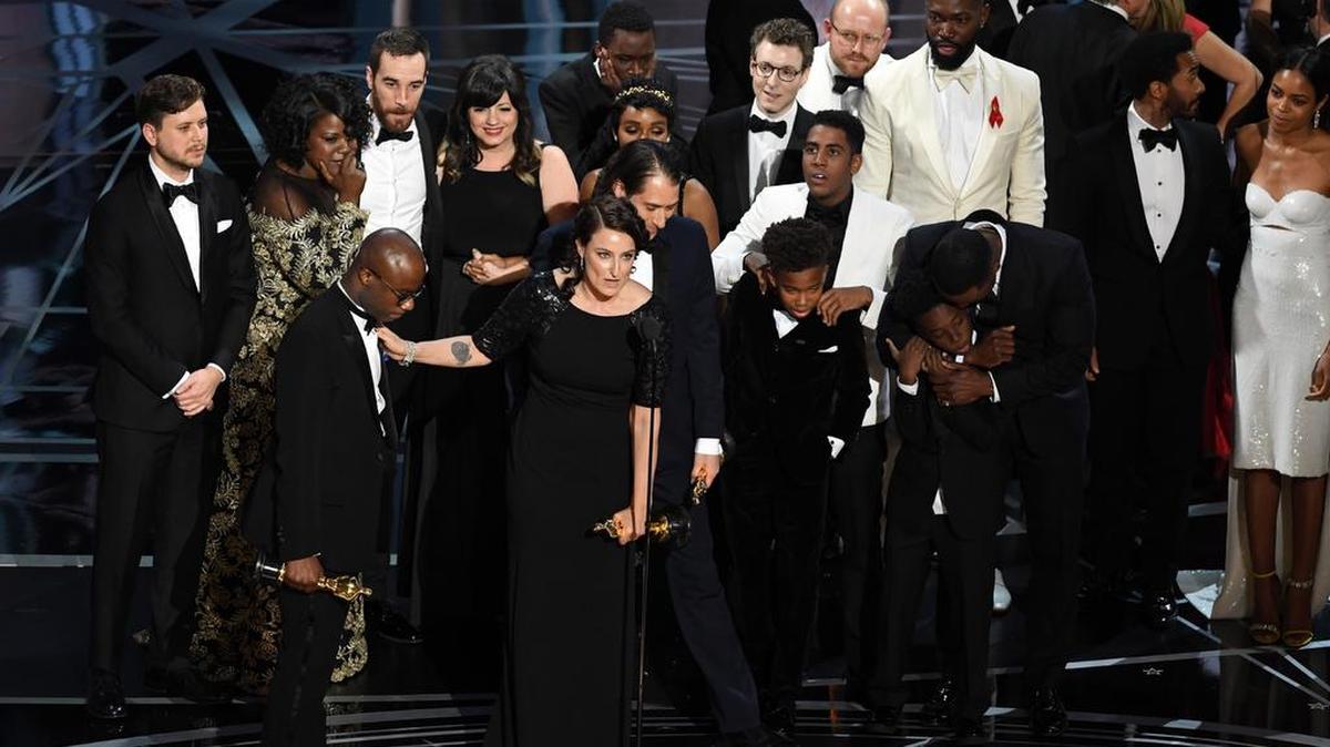 Cast and crew of 'Moonlight' accept the Best Picture award onstage during the 89th Annual Academy Awards at Hollywood & Highland Center on February 26, 2017 in Hollywood, California.