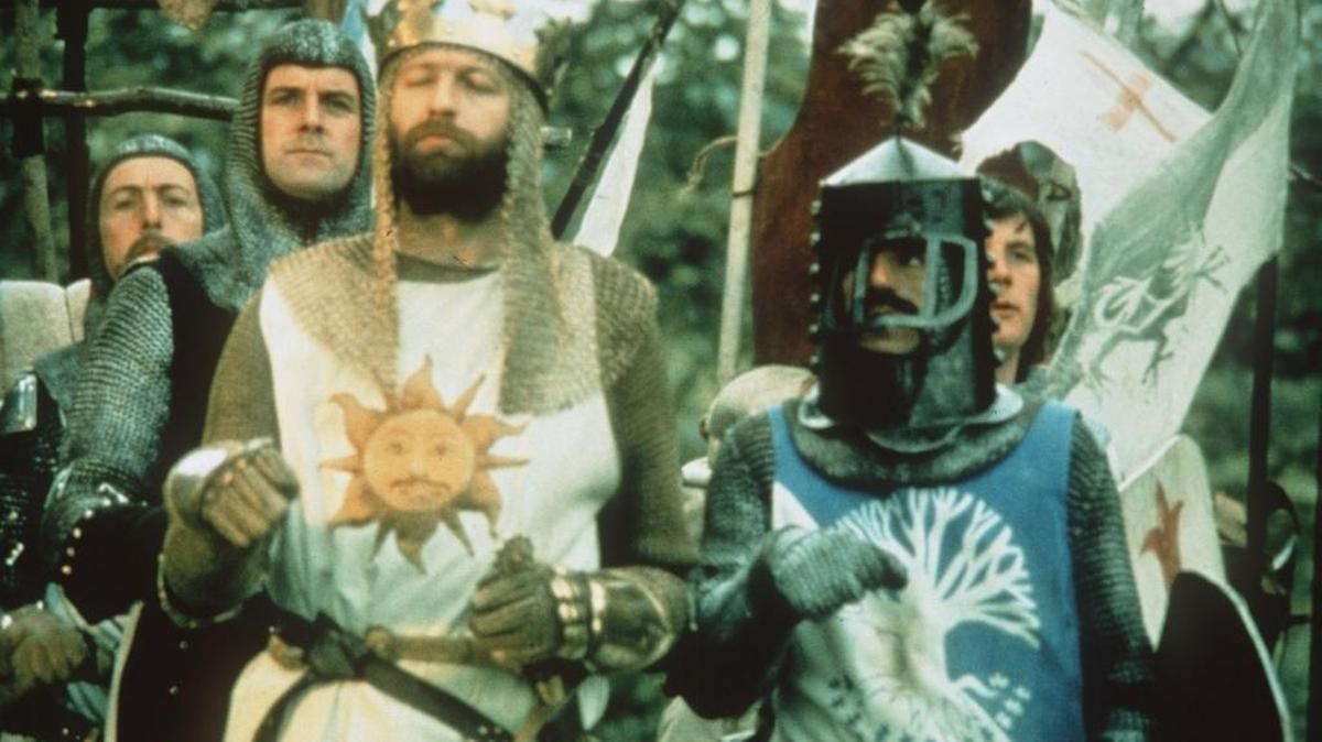 Eric Idle, John Cleese, Graham Chapman, Terry Jones and Michael Palin in “Monty Python and the Holy Grail.”