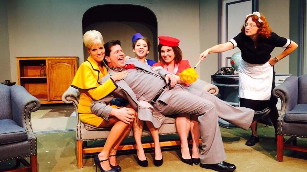 From left, Jennifer Eddy, Travis Rogers and cast starred in the Island Players’ production of “Boeing, Boeing.” Eddy and Rogers return to star in “Happy Birthday.”