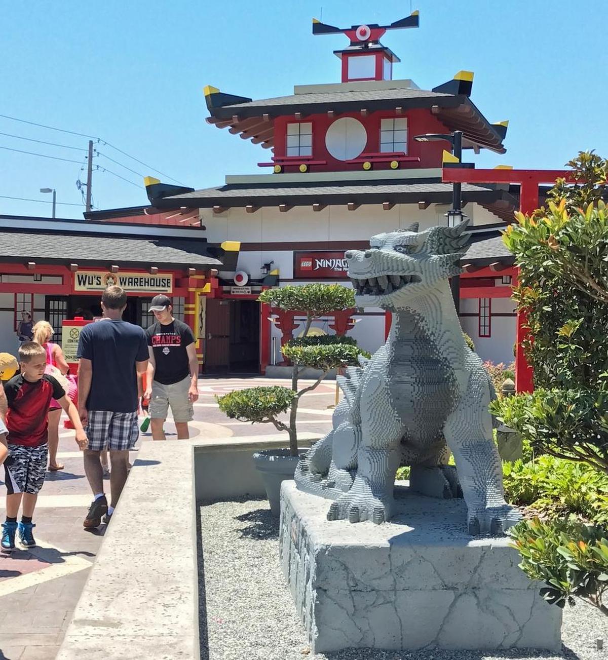 Dragons made of Lego bricks guard the entrance to the martial-arts themed Ninjago ride at Legoland.