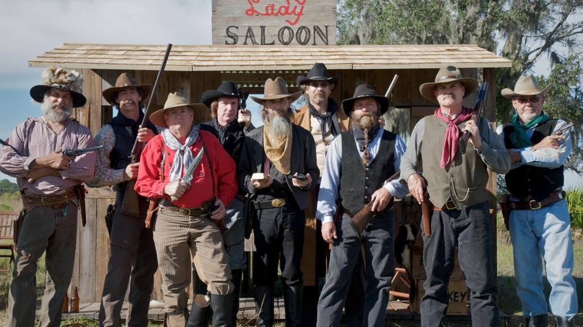 The Hole in the Head pose in front of The Lonely Lady Saloon — a lovingly constructed shack at the gang’s hideout in the wilds of Parrish Saturday shortly after performing a staged robbery along the route of one of the Florida Railroad Museum’s weekend train rides.