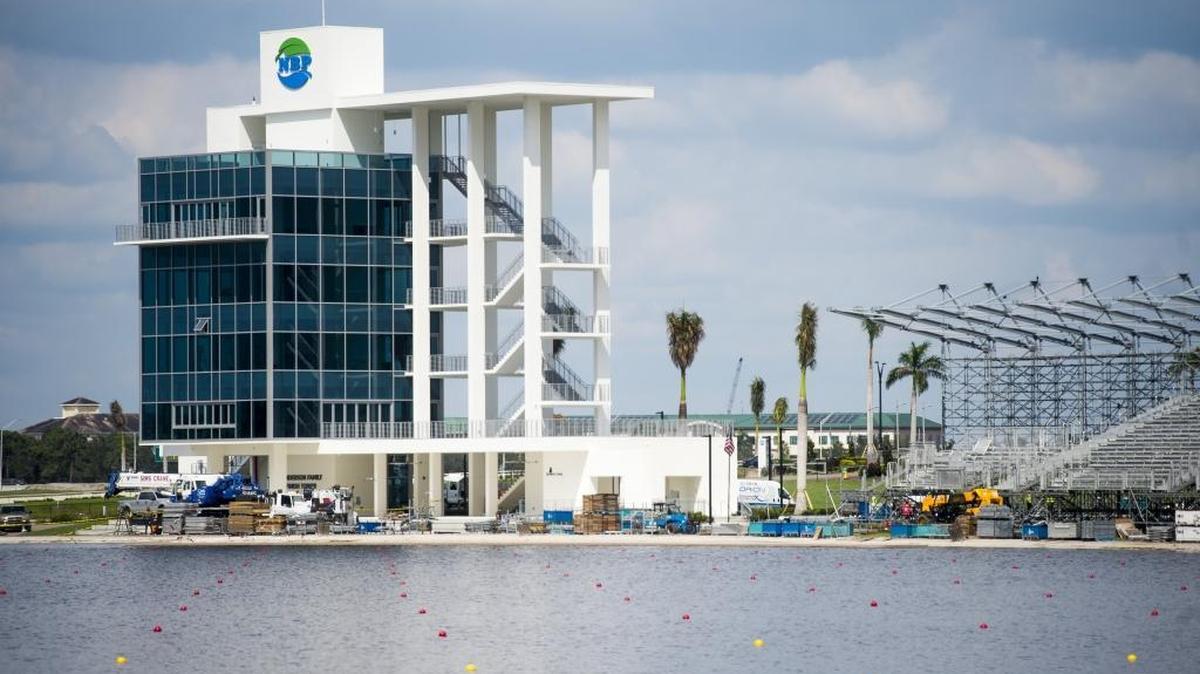 The newly completed Finish Line Tower is seen as Nathan Benderson Park is prepared for the upcoming World Rowing Championships in Sarasota.