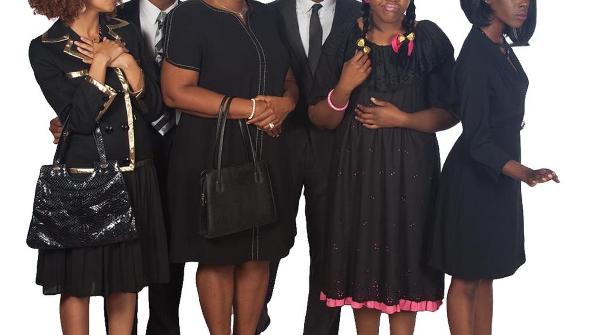 From left, Cindy De La Cruz, Ian Fermy, Dee Selmore, Brian Boyd, Kourtney Paige and Ashley Brooks play members of a family saying goodbye to the family patriarch in Westcoast Black Theatre Troupe's “Dearly Departed.”