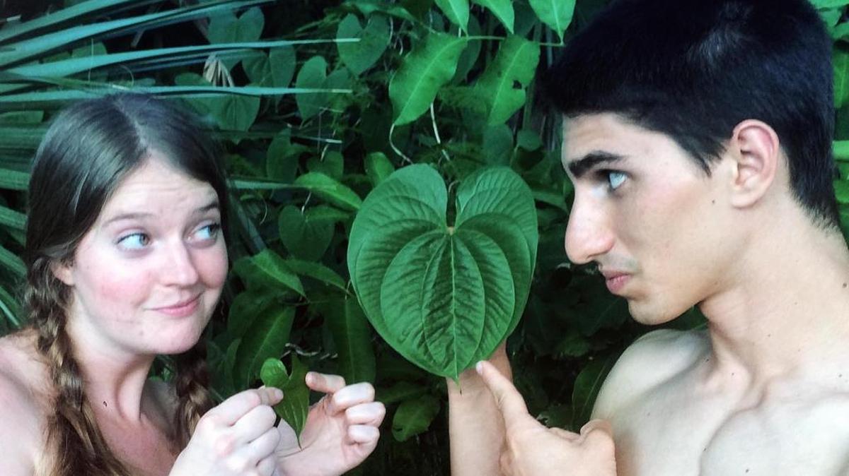Eve (Liz Pascoe) tempts Adam (Joseph Rebella) in the Garden of Eden in “Ribbing Adam” by Richard J. Budin. The play is part of “Strange Bedfellows,” a collection of four short comedies presented by Starlite Players on July 14-17 in the Starlite Room.