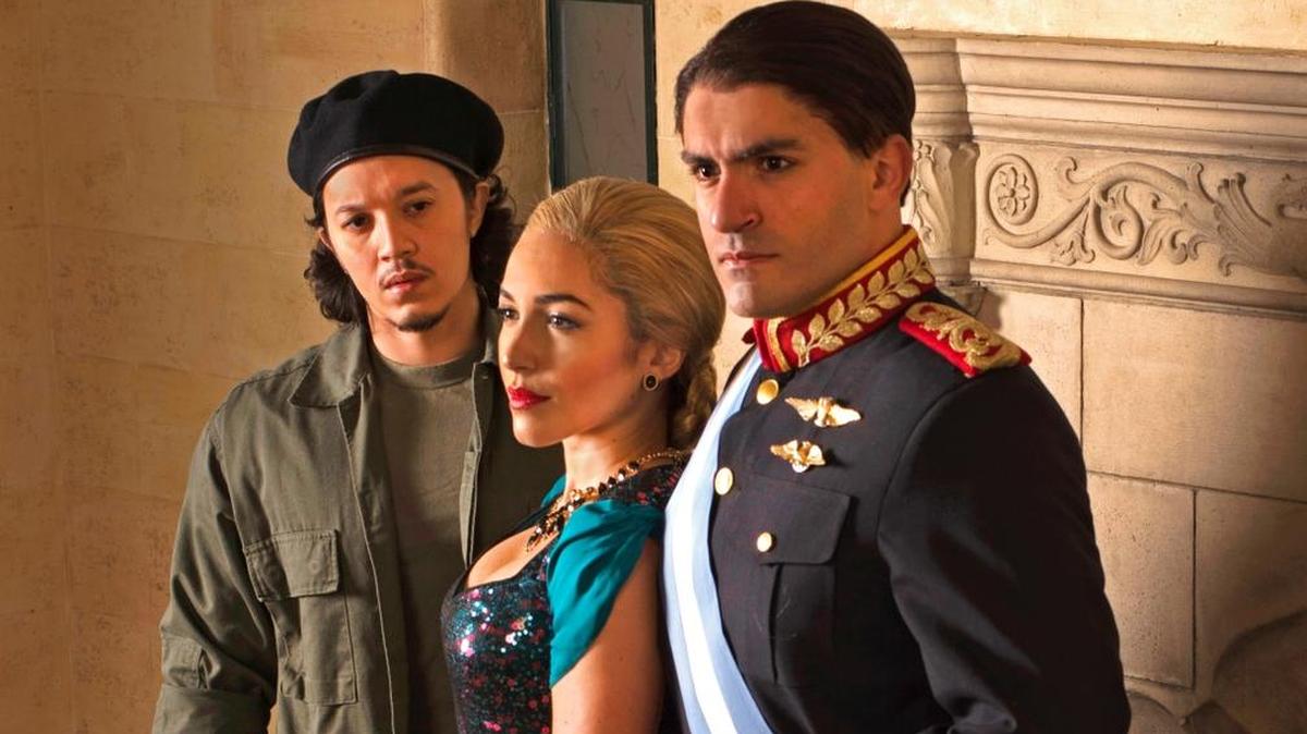 From left, Justin Gregory Lopez, Ana Isabelle and Nick Duckart star in the Asolo Repertory Theatre production of “Evita.”