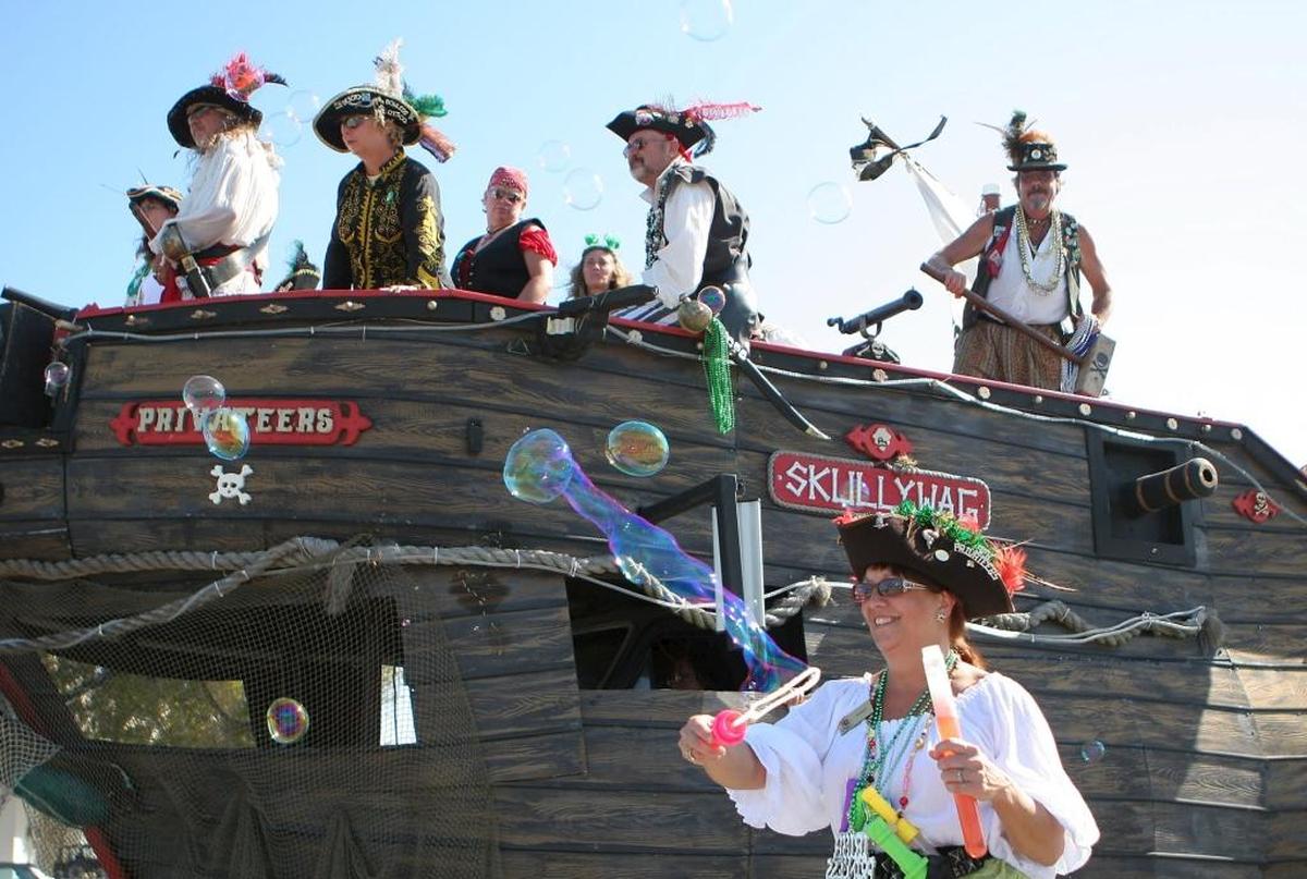A Privateer was blowing huge bubbles while walking next to the large float during a past Anna Maria St. Patrick’s Day Parade.