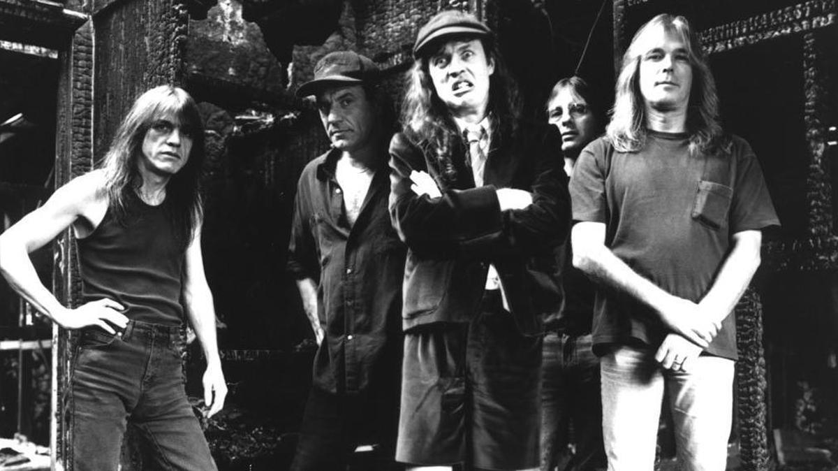 AC/DC in the early 1980s: Malcolm Young, Brian Johnson, Angus Young, Phil Rudd, Cliff Williams.