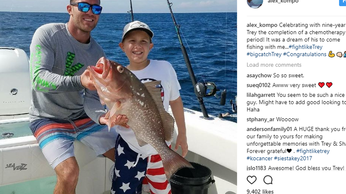 Siesta Key reality TV star Alex Kompothecras took 9-year-old Trey Anderson out fishing on Sunday to celebrate after the boy finished several rounds of chemotherapy.