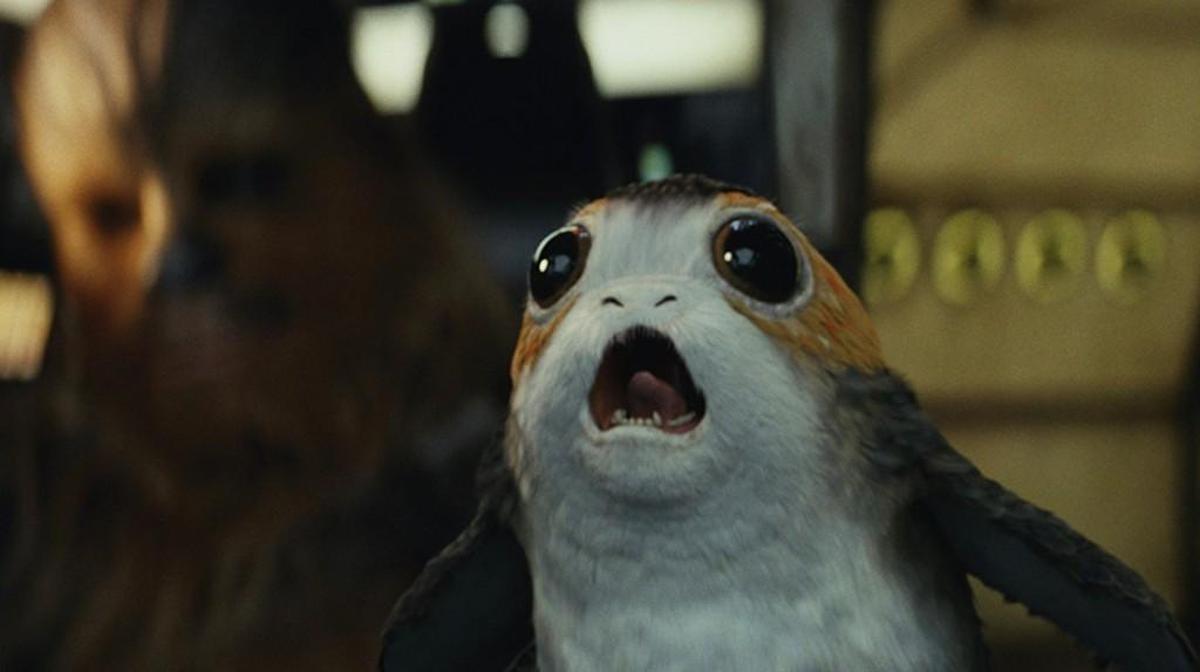 A startled porg in “Star Wars: The Last Jedi.”