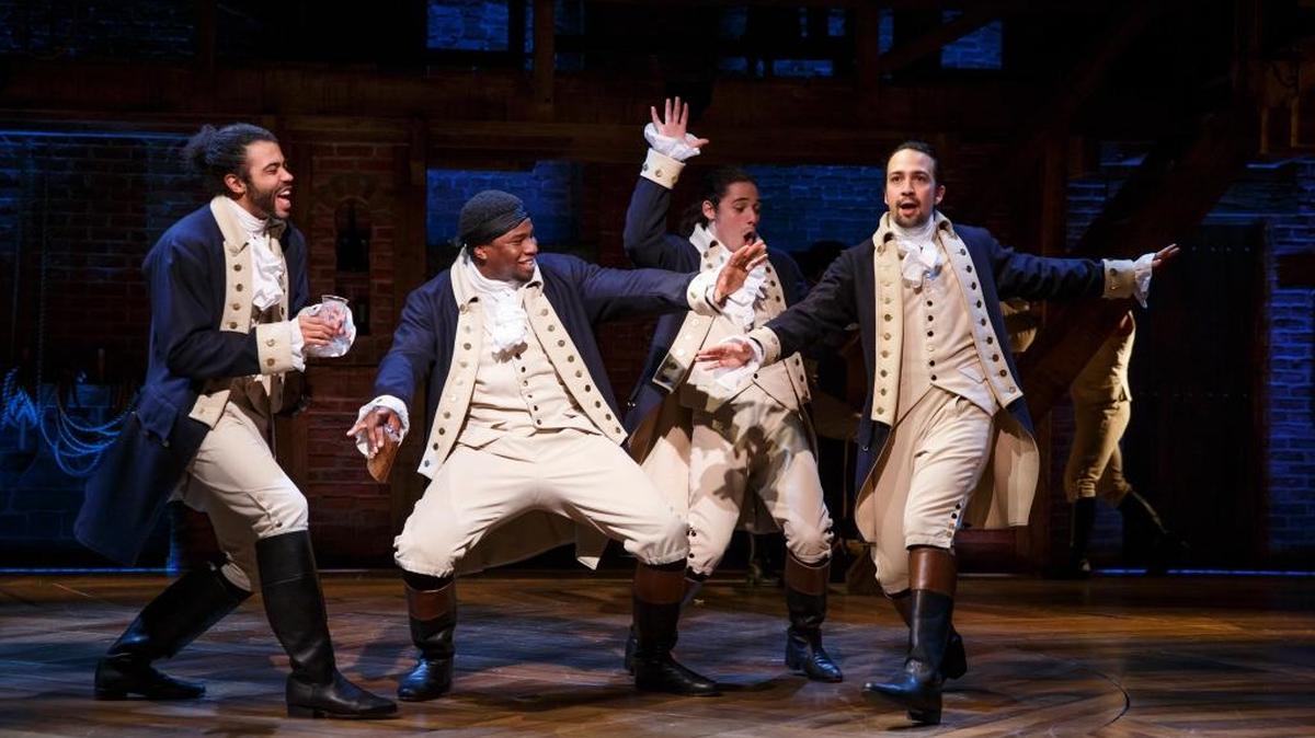 From left, Daveed Diggs, Okieriete Onaodowan, Anthony Ramos and Lin-Manuel Miranda in the original Broadway company production of “Hamilton.”
