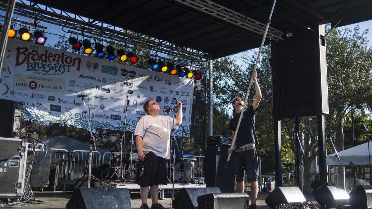 Bradenton Blues Festival personnel set up for upcoming shows on the main stage on the Riverwalk on Friday afternoon.