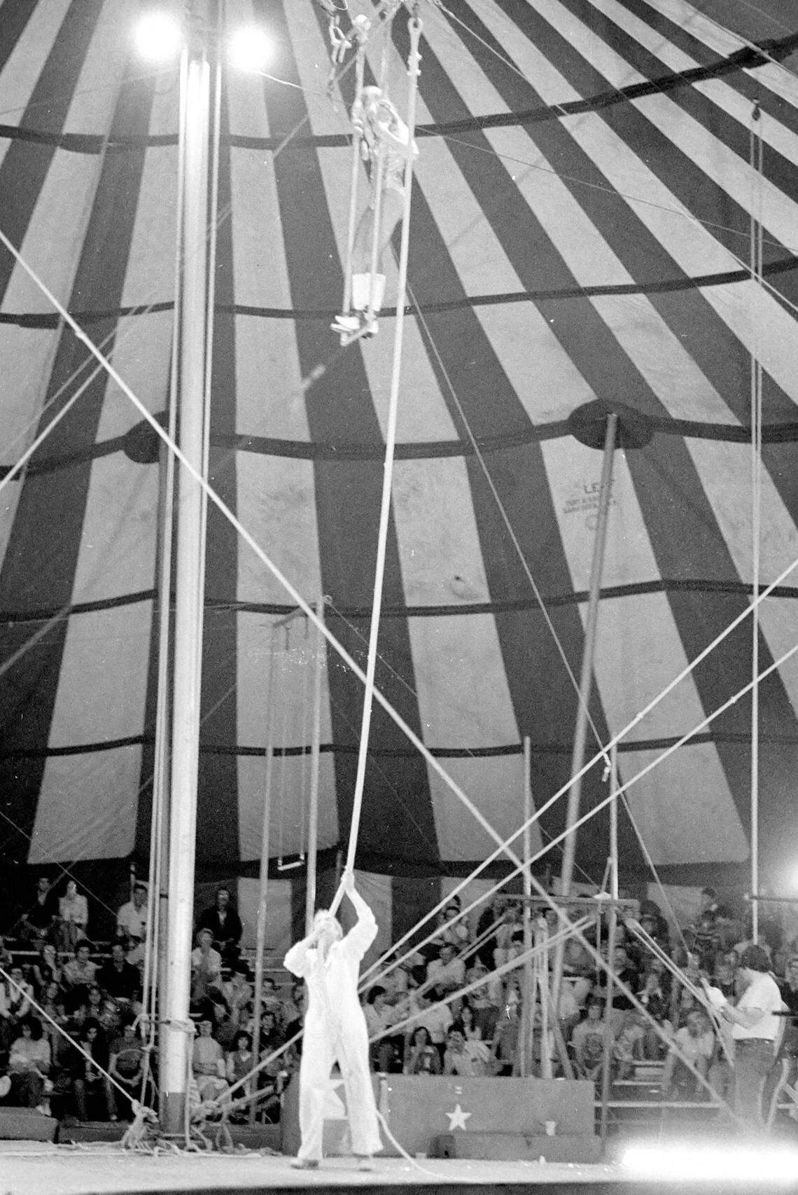 Performers from the Sailor Circus execute an aerial act in 1977.