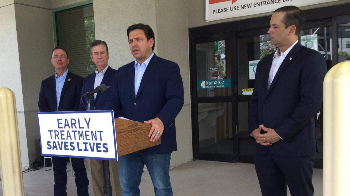 Gov. Ron DeSantis was in Bradenton on Saturday to announced that Manatee Memorial Hospital will be the latest site to offer free Regeneron treatments to those who test positive for COVID-19, as well as those who are at risk and have been exposed.