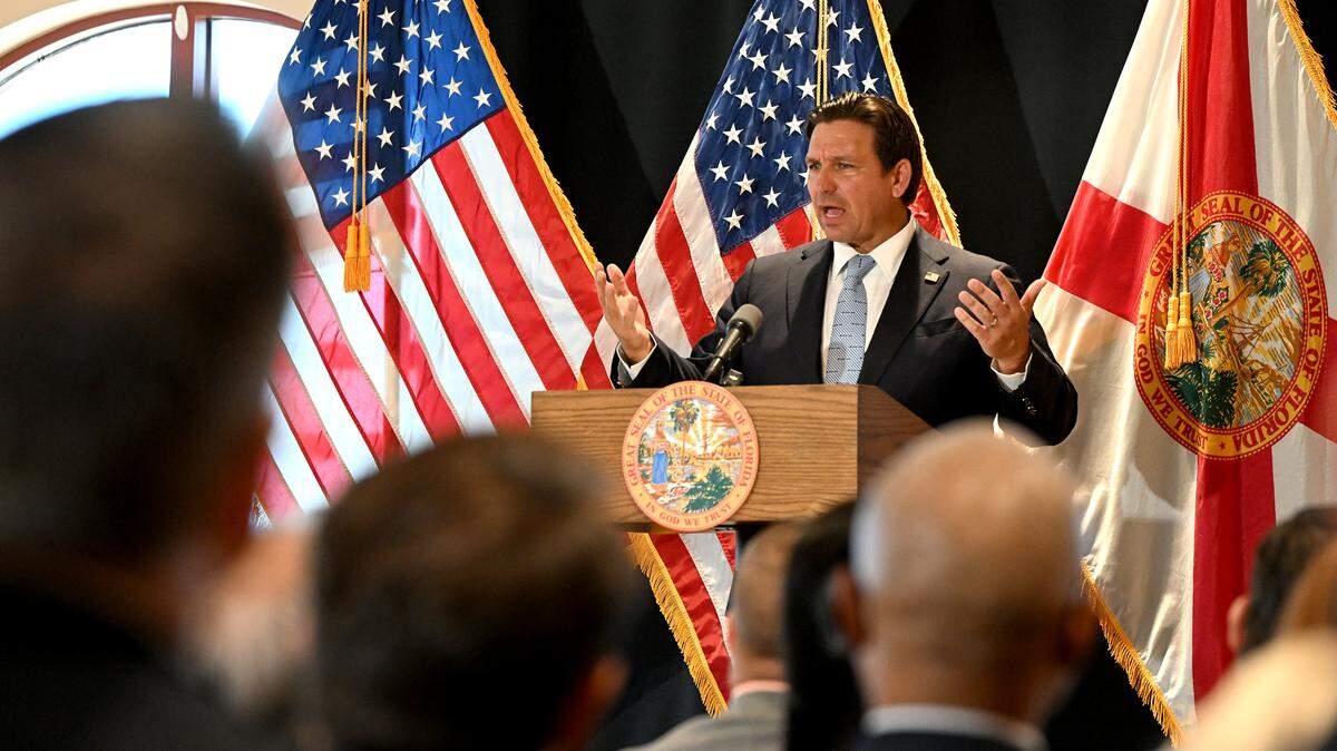 Florida Governor Ron DeSantis discusses plans to bring DOGE to Manatee County during a press conference held at the Manatee Performing Arts Center in Bradenton on July 24, 2025.