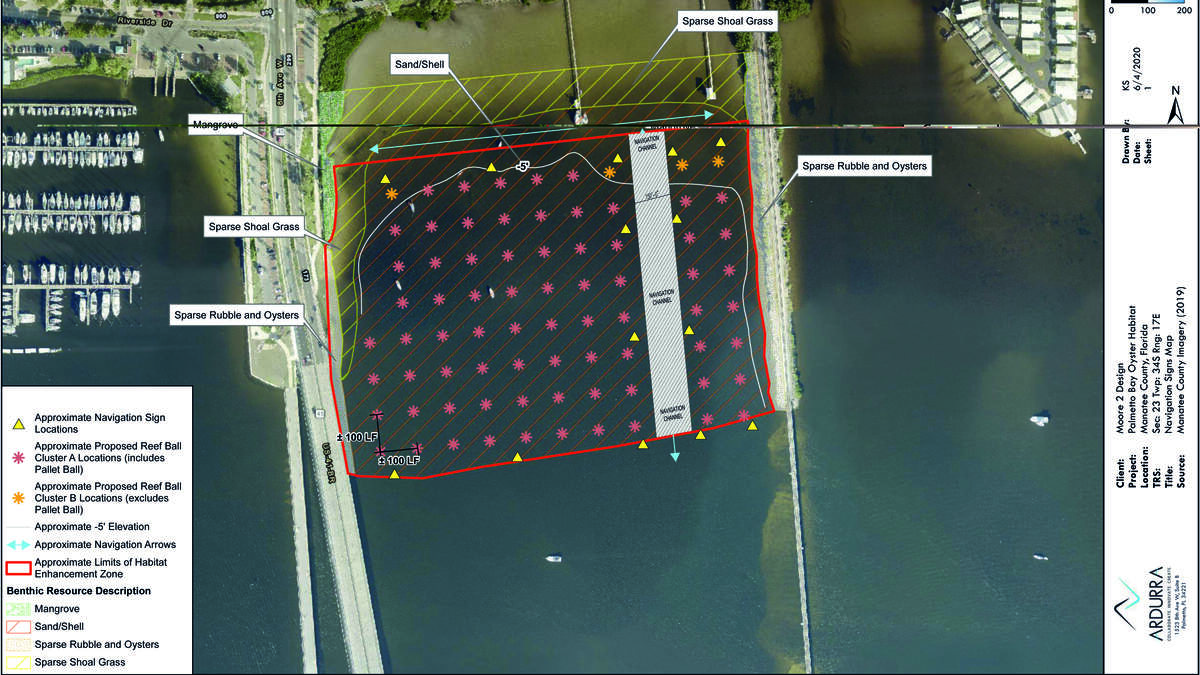 A map shows Palmetto Bay east of the Green Bridge where Palmetto is conducting an oyster restoration project. 