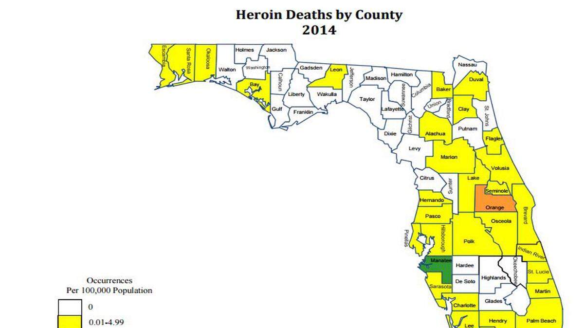 Manatee County, which had a population of 351,746 people in 2014, had the most heroin deaths per capita in Florida in 2014, according to the 2014 Medical Examiners Commission Drug Report.