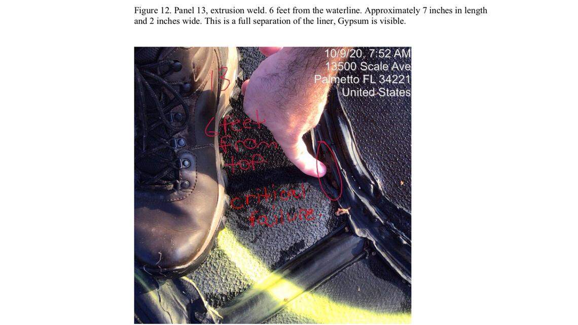 Since July, site operators at Piney Point have repeatedly warned the Florida Department of Environmental Protection about “critical” tears in the liner of the New Gypsum Stack South pond, which holds an estimated 480 million gallons of water. In this October 9, 2020 photo, operators point to a “critical failure” in the liner. The tears have been repaired but are evidence of the liner’s overall instability.