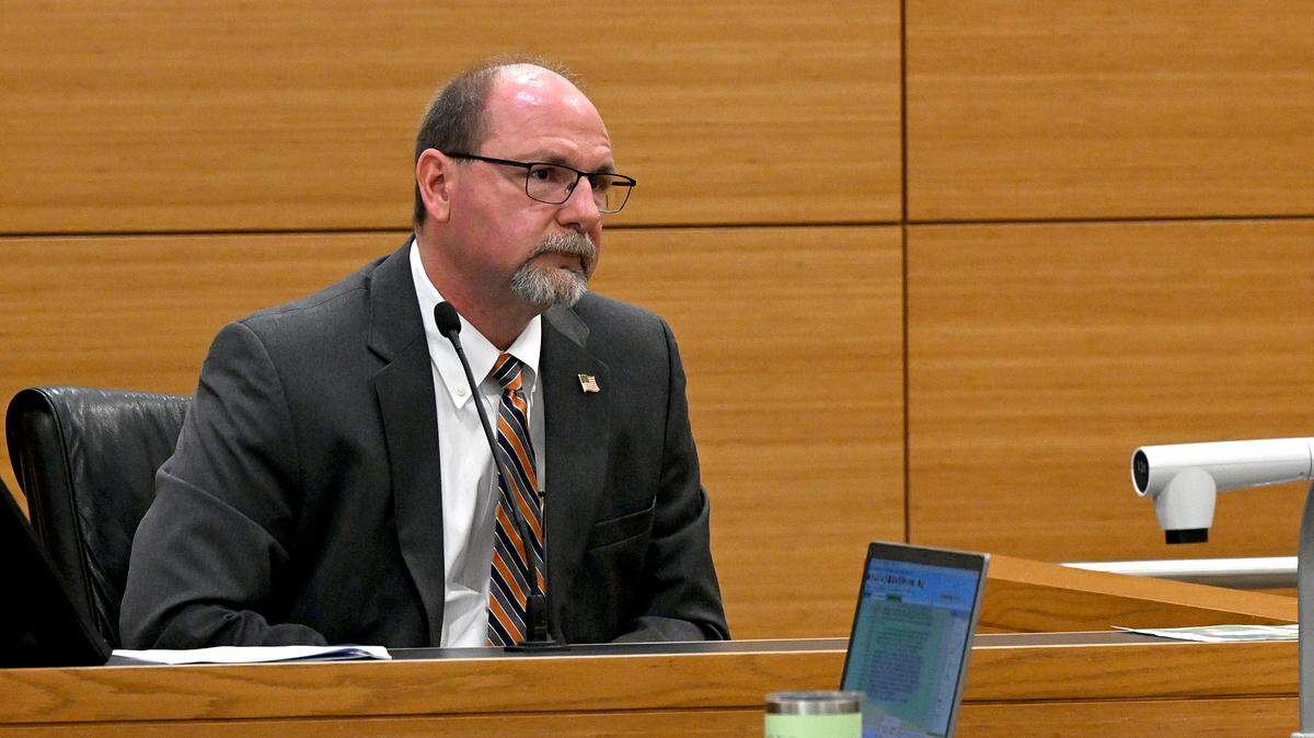 Christopher Michael Stewart, a mechanical engineer who specializes in accident reconstructions, testifies for the defense during the trial for Brittany Geiman, 33, on a charge of aggravated manslaughter of a child after prosecutors say she backed over her 2-year-old son, Maverick, in the family’s driveway. 