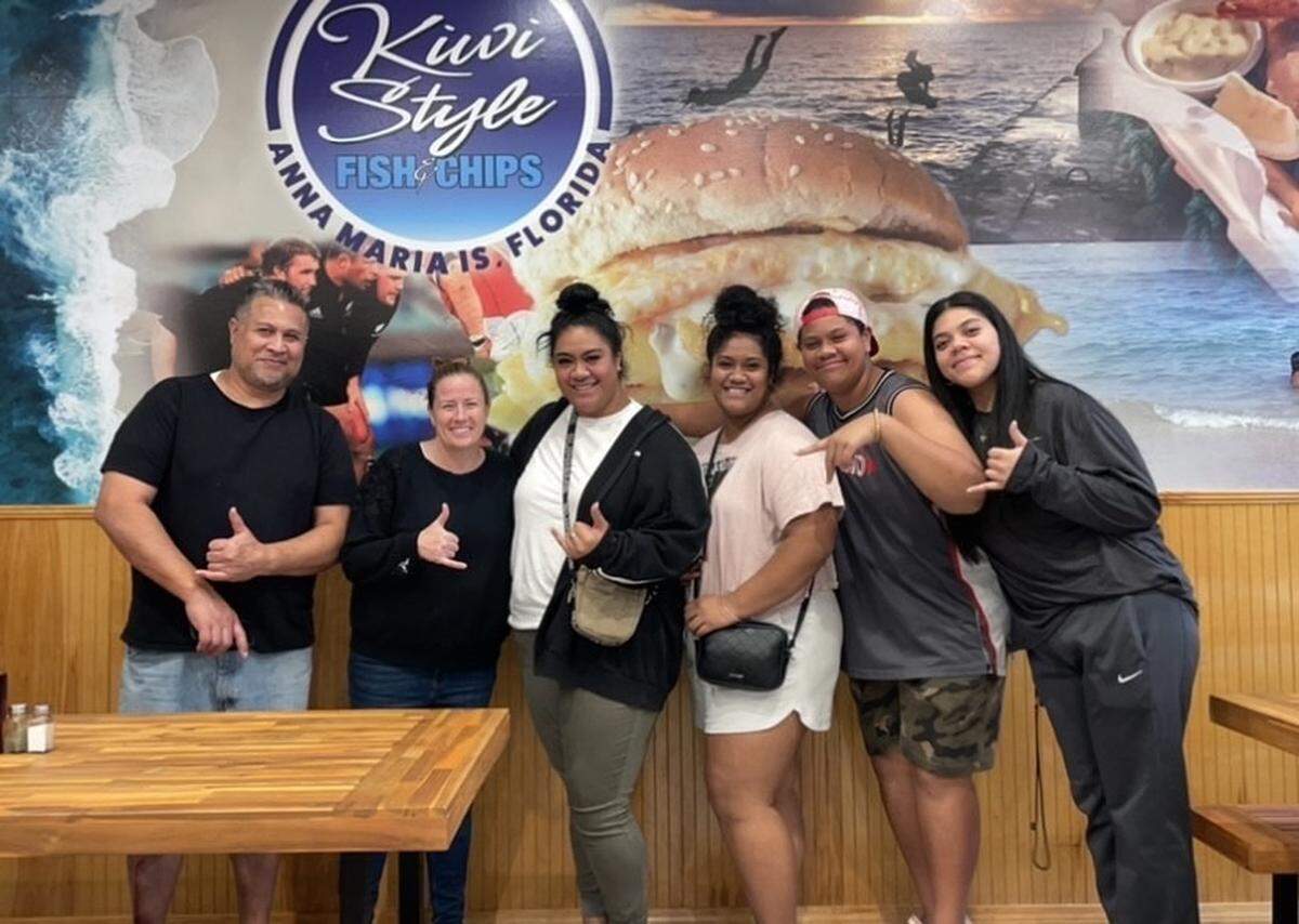 Wayne and Nicole Tagelagi, at left, are shown with Teni and Sarafina Vimahi of Texas, and Peliasi and Vika Masila ​ of Bradenton, at Kiwi Style Fish and Chips, 3608 East Bay Drive, Holmes Beach.