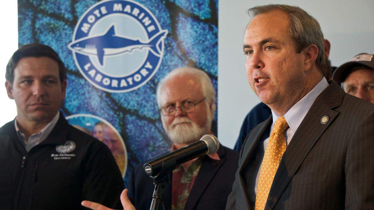 Sen. Joe Gruters, R-Sarasota, speaks at a news conference on Jan. 10, 2019, at Mote Marine in Sarasota. Gruters, who was co-chair of President Donald Trump’s Florida campaign in 2016, is chairman of the Republican Party of Florida.
