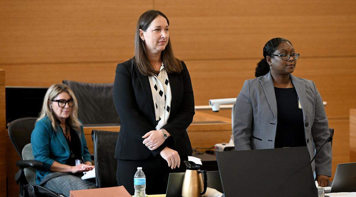 Assistant state attorneys Ashley Elizabeth Dusnik and Candice Bartholomew in the courtroom where Nicholas Bassler, 27, was on trial for charges including capital sexual battery, lewd or lascivious conduct and possession of child sexual abuse material, according to court records.