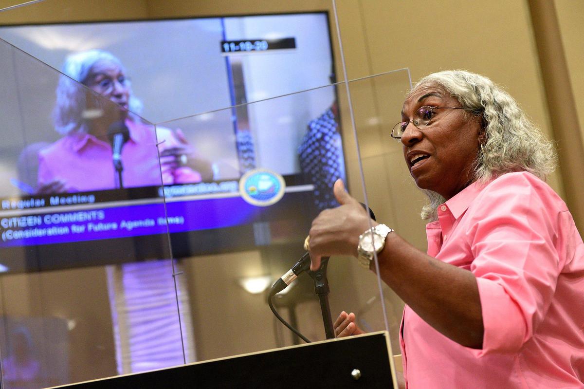 11/10/20--Susie Copeland addresses the room as an emotional debate followed Manatee County’s official adoption of a proclamation that labels racism as a public health crisis. Commissioner Reggie Bellamy presented the proclamation, which commissioners Vanessa Baugh and Steve Jonsson voted against accepting.