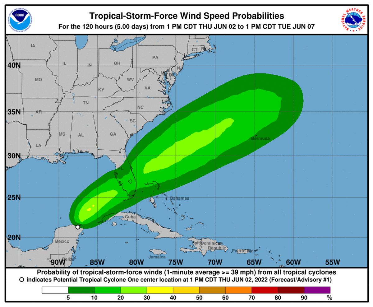 Wind strength forecast for Potential Tropical Cyclone One as of Thursday afternoon, June 2, 2022.