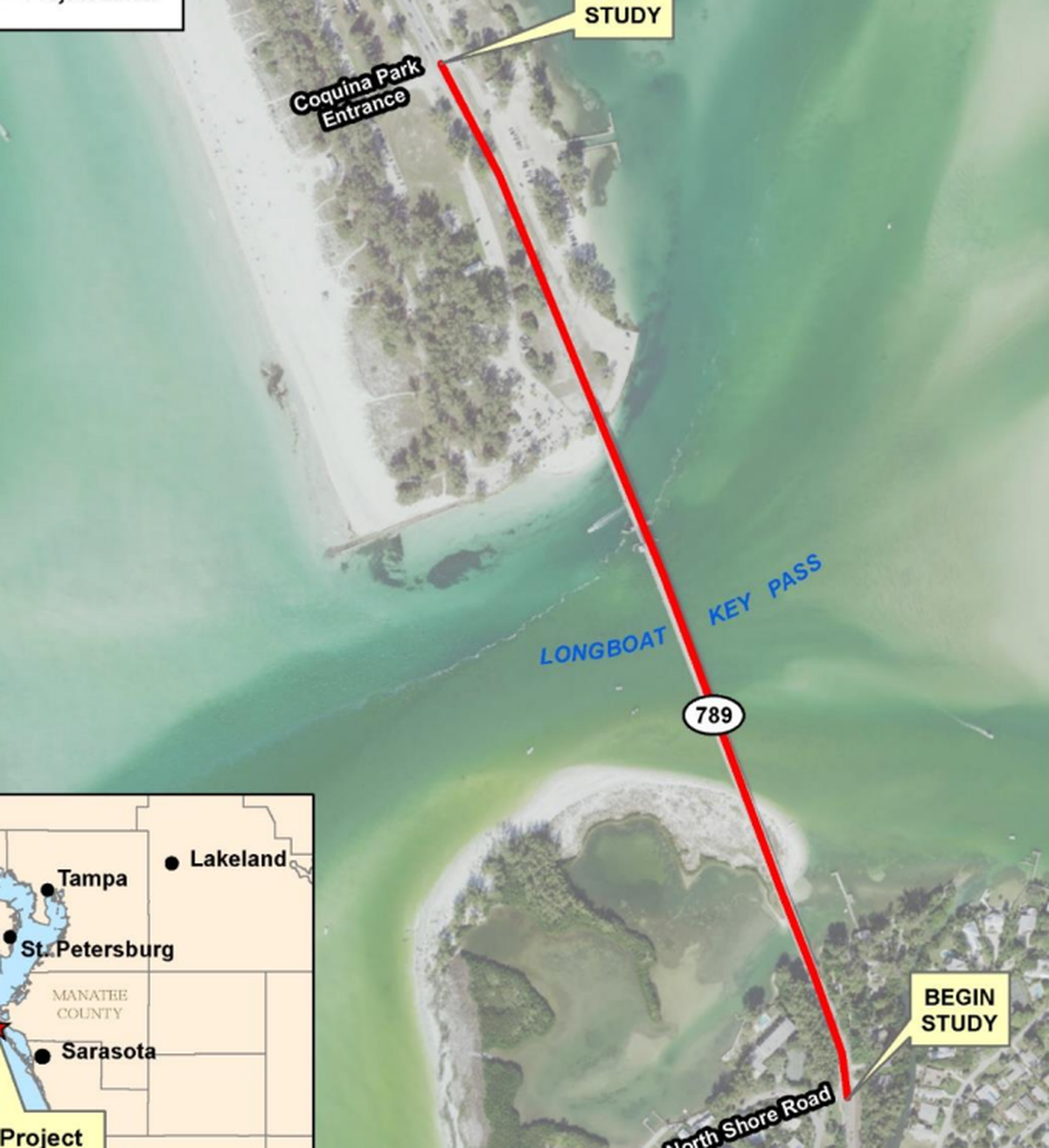 A Florida Department of Transportation graphic shows that its project development and environment study covers the area from the Coquina Park entrance in Manatee County in Manatee County to North Shore Road on Longboat Key.