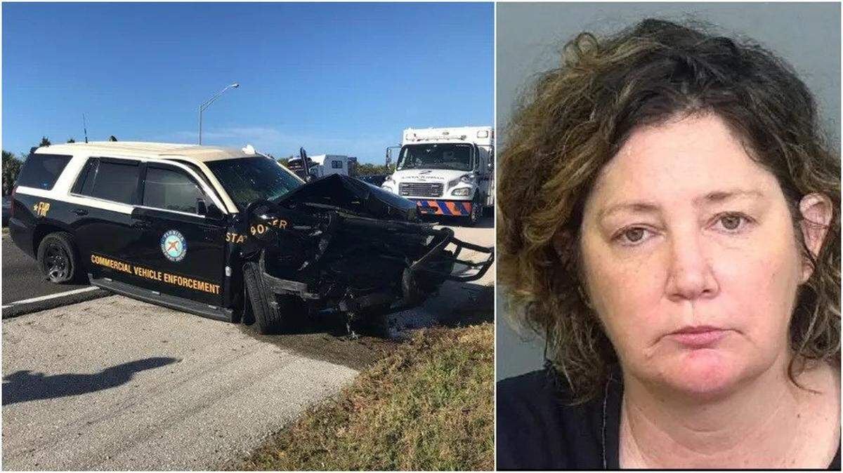 Kristen Watts, right, and Trooper Toni Schuck’s crashed vehicle.