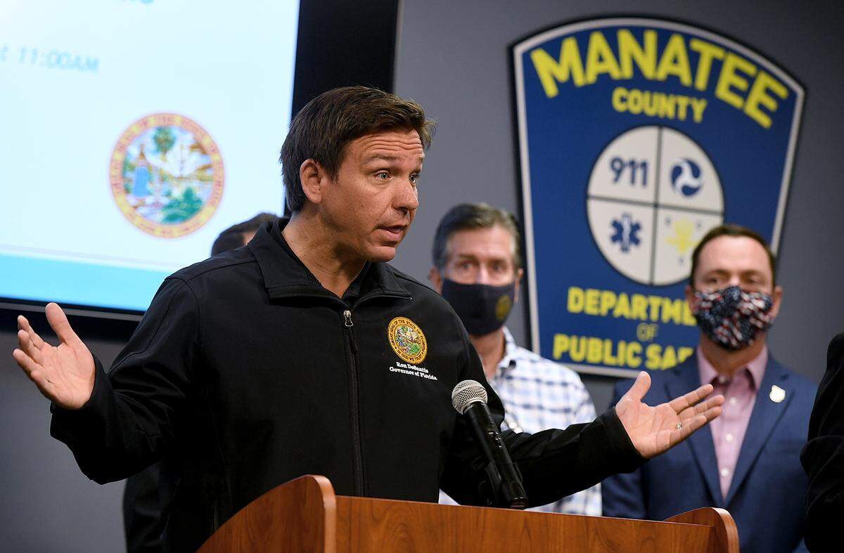 Gov. Ron DeSantis instructed state officials to provide all necessary help with the Piney Point leak during a visit to Manatee County on April 4, 2021.
