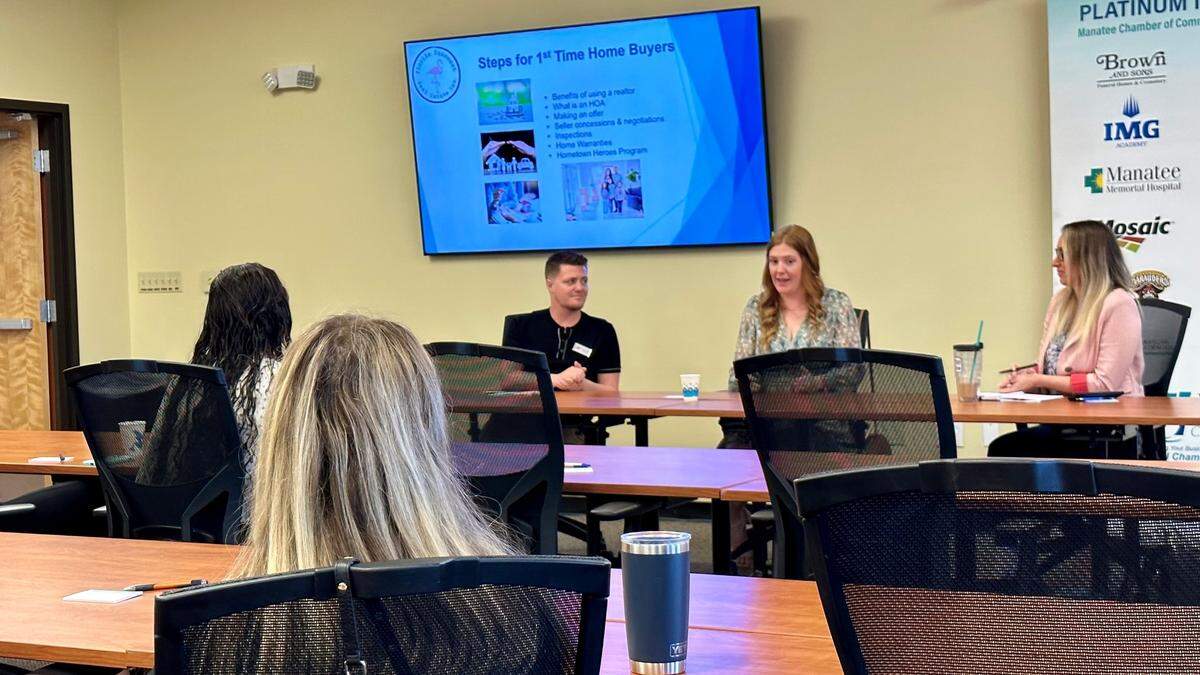 Manatee Young Professionals presented a homebuying 101 panel on Tuesday. Shown above are, from left, Brandon Terry of Mortgage Team, Brooke Mailloux of Florida Suncoast Real Estate and Katie Rose Howard of Insurance Time of Bradenton.