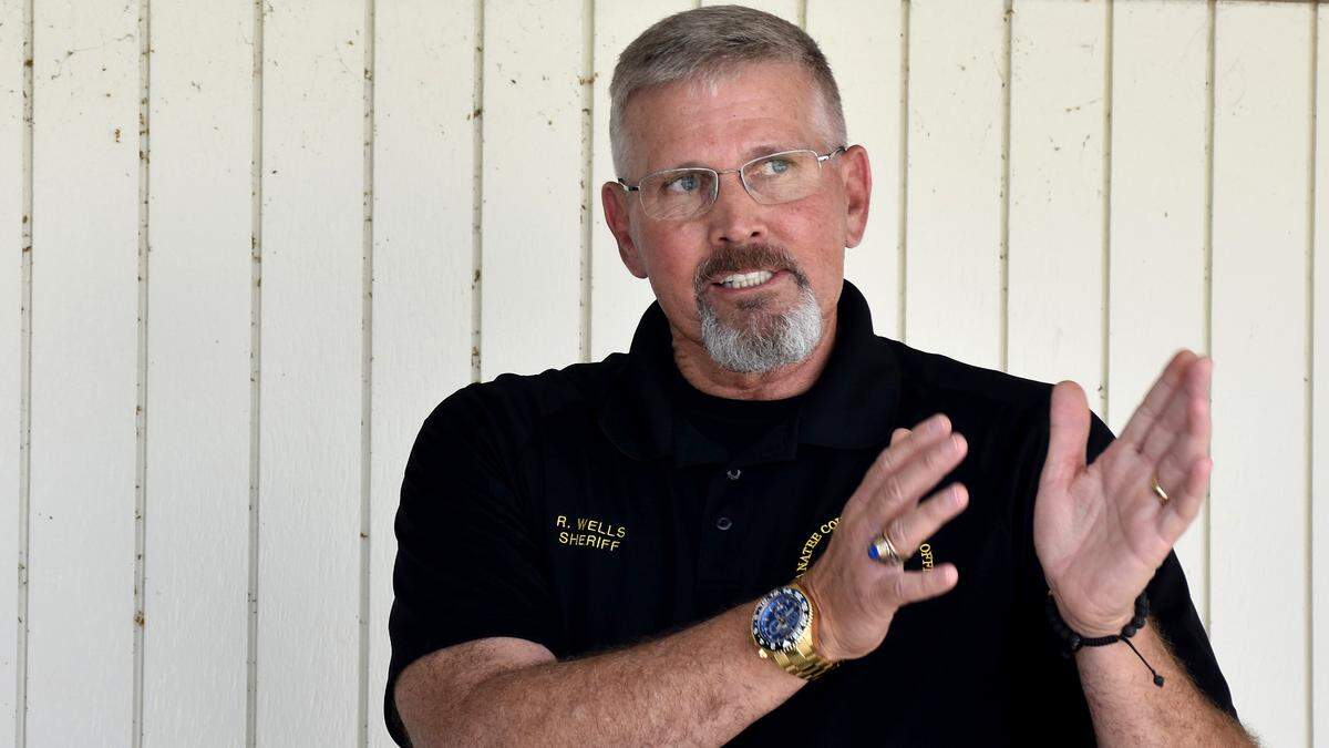 Manatee County Sheriff Rick Wells speaks to reporters during a Tuesday, May 2, 2023 press conference after over a dozen deputies responded to USF Sarasota-Manatee to investigate a hoax active shooter call.