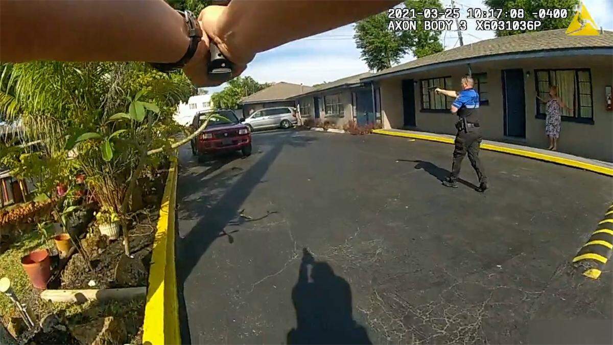 03/25/21--Screen grab from Bradenton Police body camera footage of an officer-involved shooting at the Blue Boy Motel.