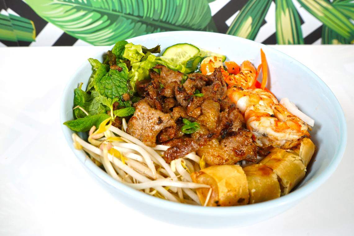 The most popular dish at Bun-Haus Vietnamese Kitchen is the Bun Bowl, which includes egg roll, grilled pork, grilled shrimp, lettuce, cucumber, beansprouts, and pickled carrots and daikon for $12.