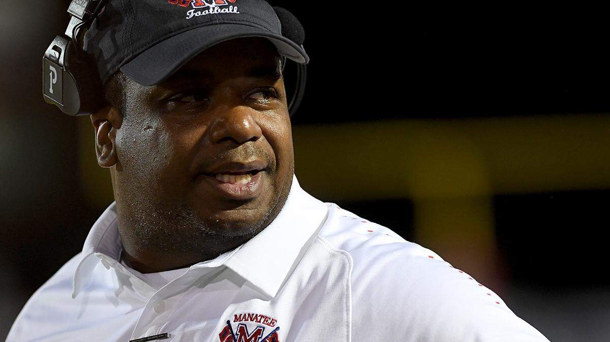 Manatee High head coach Yusuf Shakir on the sidelines while playing Miami Jackson Friday night at Joe Kinnan Field.