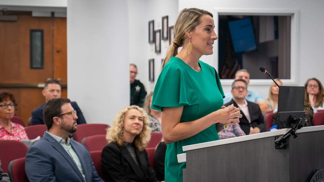 Amanda Parrish, interim CEO of the Bradenton Area Economic Development Corporation, speaks at the April 7, 2026, Manatee County Commission meeting to discuss the EDC’s new government funding contract.