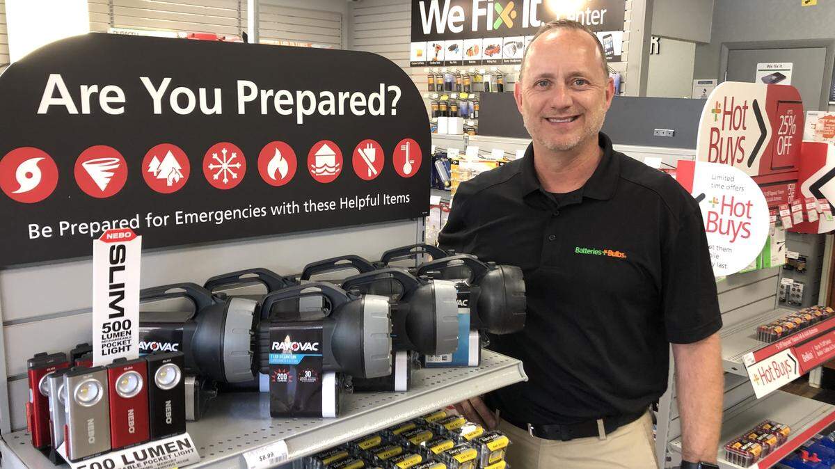 Many local businesses are geared up for the disaster preparedness sales tax holiday with social distancing and supplies for hurricane season. Shown above is Rich Epps of Batteries Plus in Bradenton.