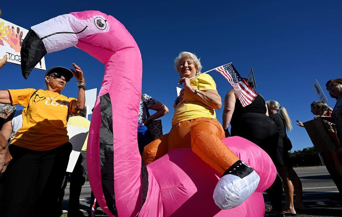 Wendy Rosen of Manatee County attended the No Kings protest organized by Indivisible Manatee near the University Town Center along University Parkway in Sarasota during one of the hundreds of rallies held across the country on Saturday, Oct. 18, 2025.