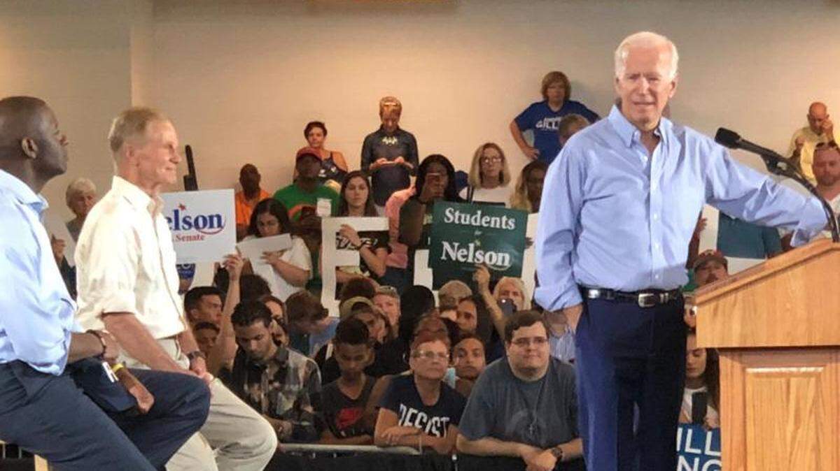Former Vice President Joe Biden was the featured speaker at a campaign rally Monday in Tampa to support Tallahassee Mayor Andrew Gillum, left,  who is running for governor, and U.S. Sen. Bill Nelson, who is running for re-election in the Nov. 6 election.