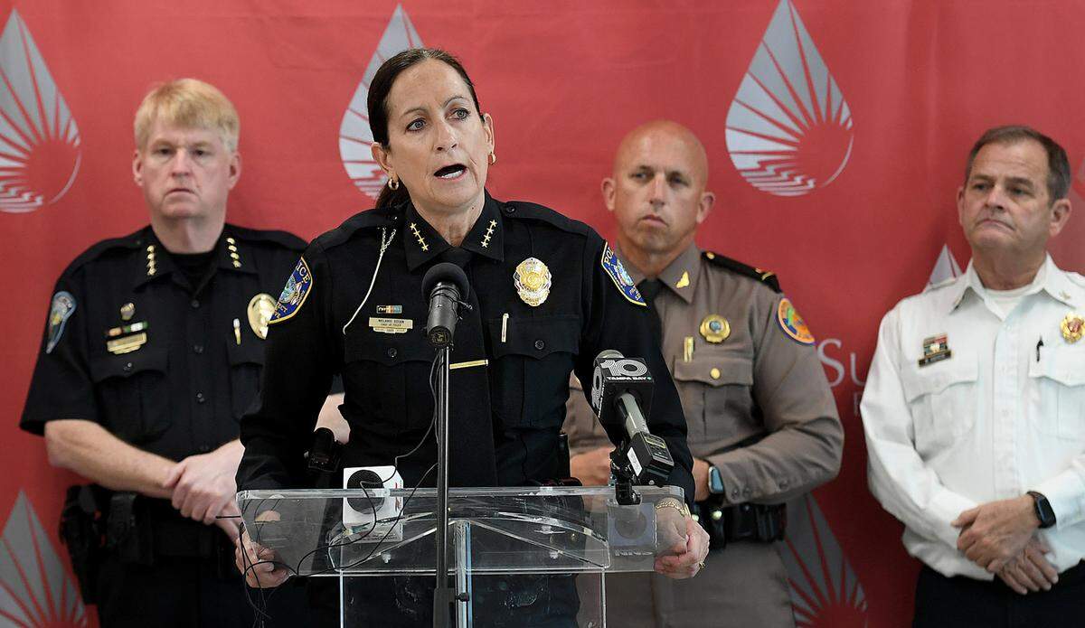 12/01/21—Bradenton Police Chief Melanie Bevan shared a personal experience at a press conference with the SunCoast Blood Center, local first responders and medical providers to announce the formation of a group called the Blood Emergency Readiness Corps to respond in the event of a mass casualty.