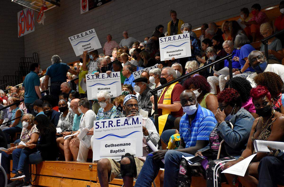 A coalition of 15 Manatee County churches joined together to create the Stronger Together Reaching Equality Across Manatee (STREAM) organization, which called on local officials to support policy changes that secure more affordable housing and rethink criminal justice reform. Nearly 600 people attended the group’s Nehemiah Action meeting Monday, April 4, 2022, at Southeast High School.