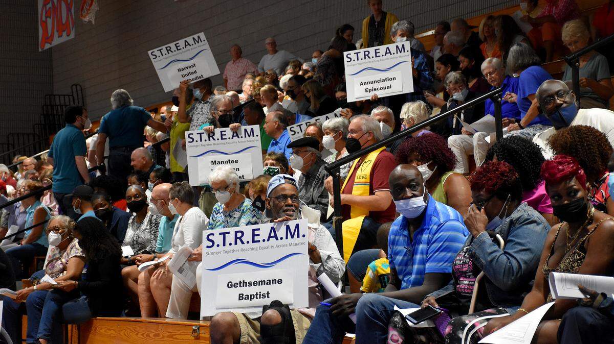 A conglomeration of 15 Manatee County churches joined together to create the Stronger Together Reaching Equality Across Manatee (STREAM) organization, which called on local officials to support policy changes that secure more affordable housing and rethink criminal justice reform. Nearly 600 people attended the group’s Nehemiah Action meeting Monday, April 4, 2022, at Southeast High School.