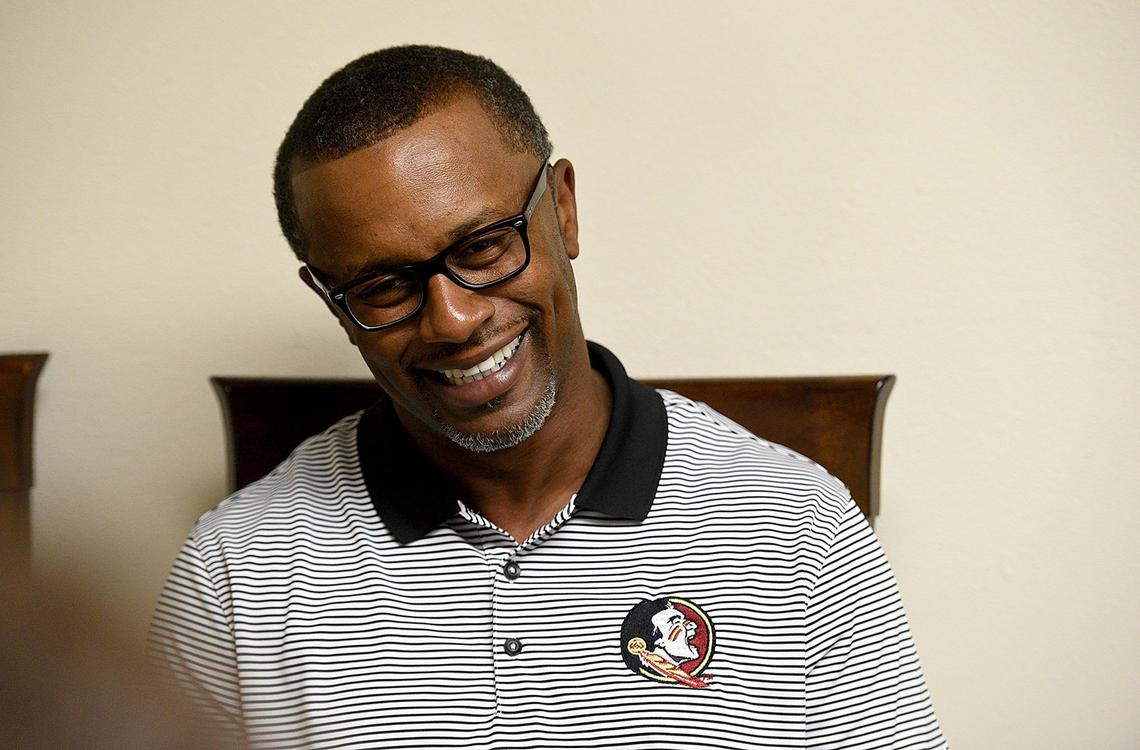 Coach Willie Taggart of FSU speaks to media and fans at the Mertz Theatre in Sarasota on a bus tour Monday night.