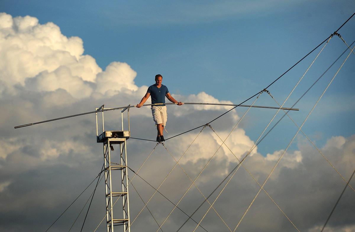 In this Bradenton Herald File Photo, Nik Wallenda rehearses for a past high wire walk near Nathan Benderson Park in Sarasota.
