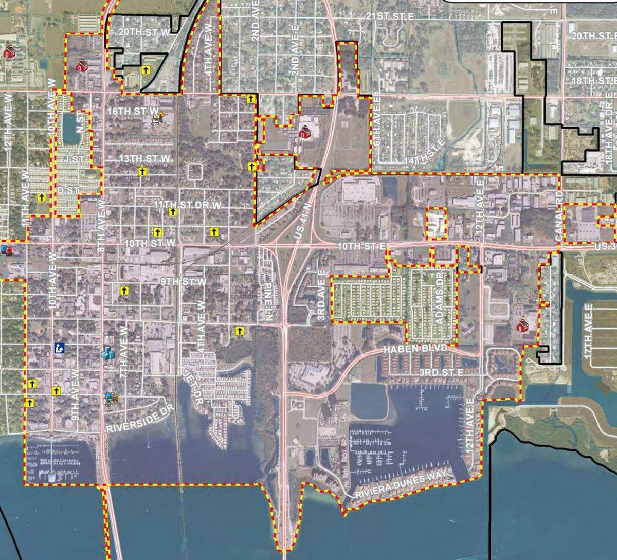 The Palmetto Community Redevelopment Agency encompasses a large part of the city limits, as shown here.